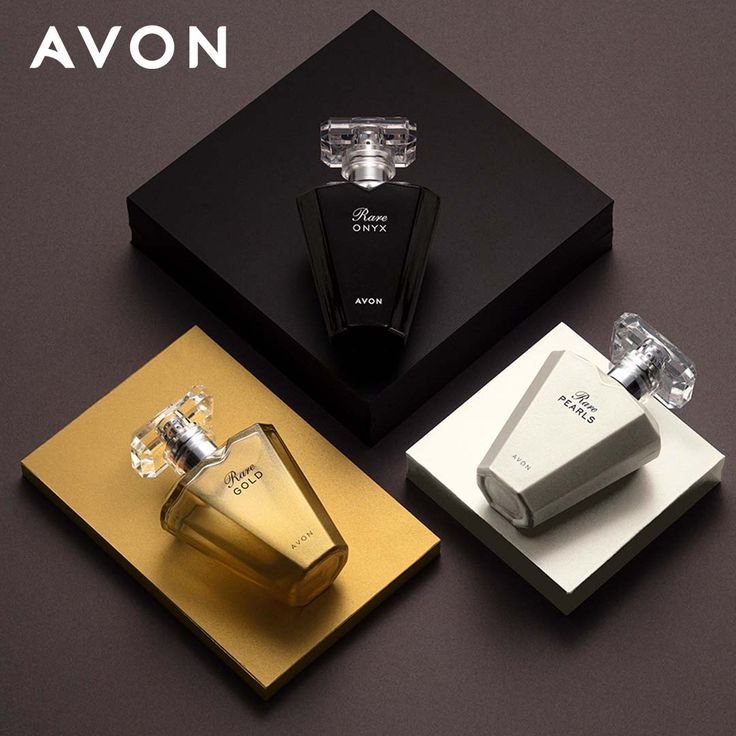 Avon fragrance bottles arranged on display blocks