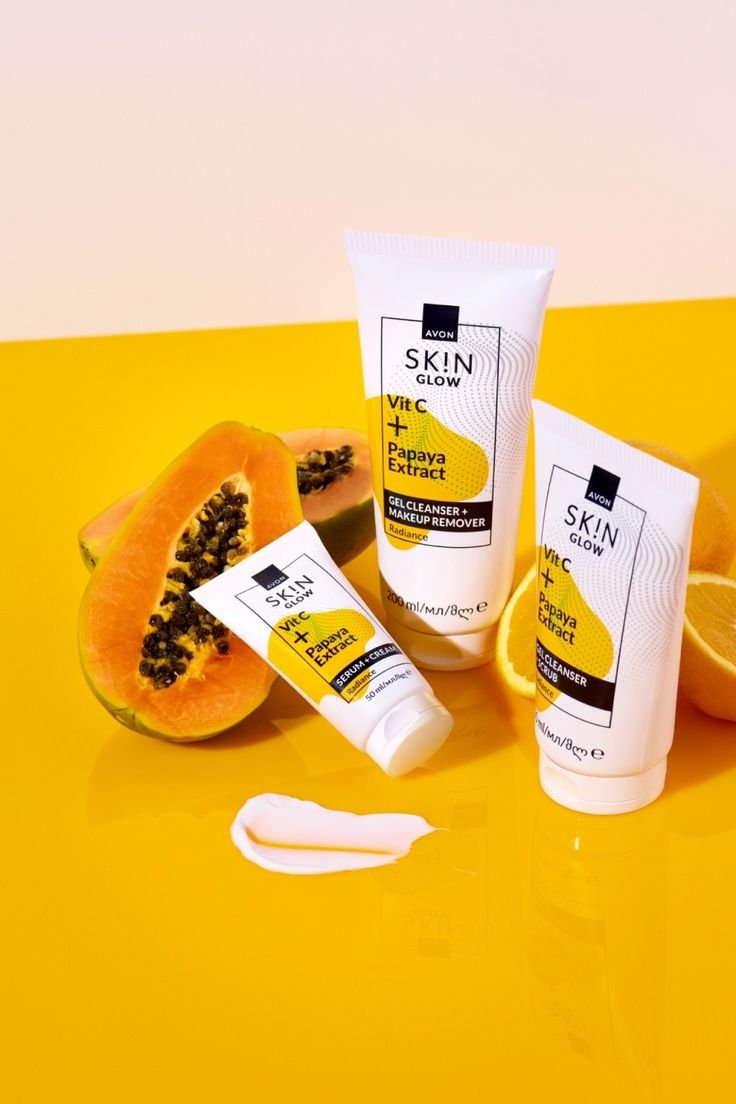 Avon Skin Glow skincare products with papaya